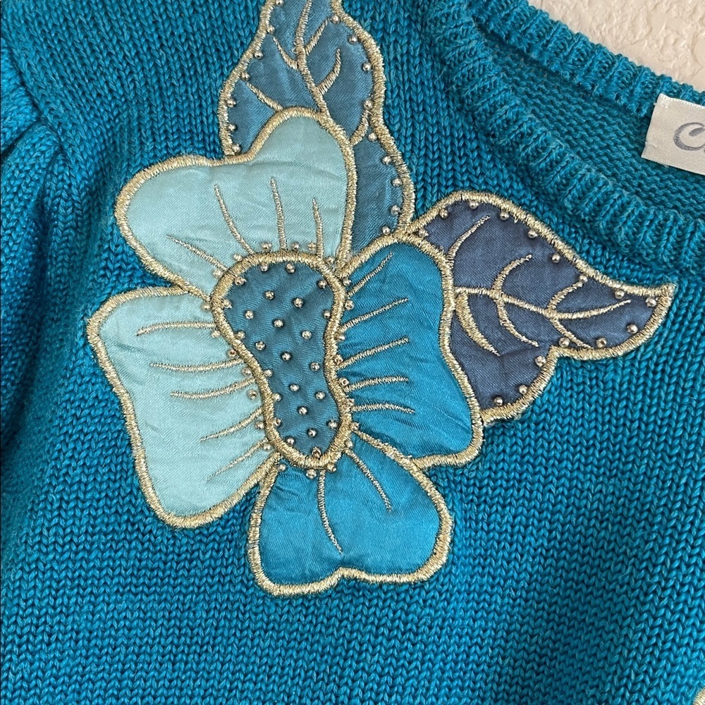 Teal Sweater with Floral Embroidery - Picture 5 of 6